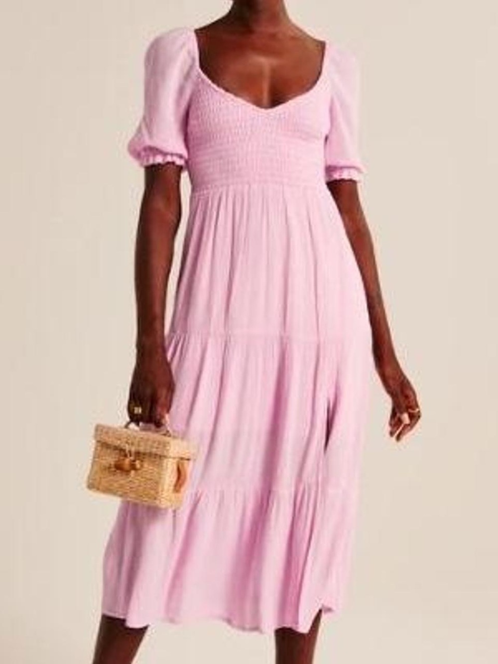 Abercrombie & Fitch Pink Smocked Puff Sleeve Tiered Midi Dress Petite S